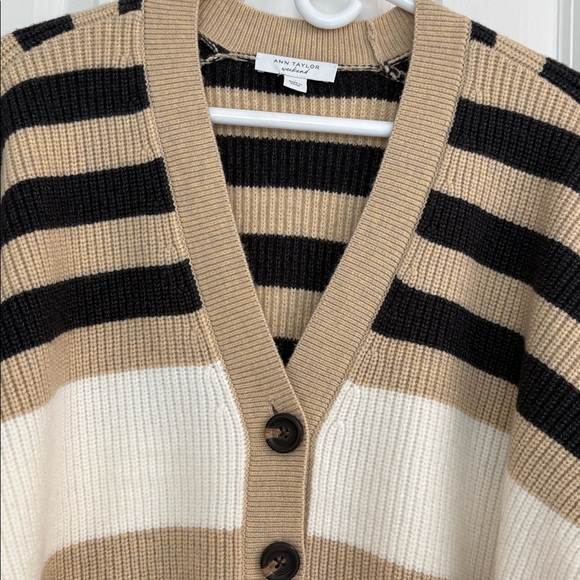 Ann Taylor Weekend Trendy Striped Beige and Charcoal Cardigan Sweater - Picture 4 of 10